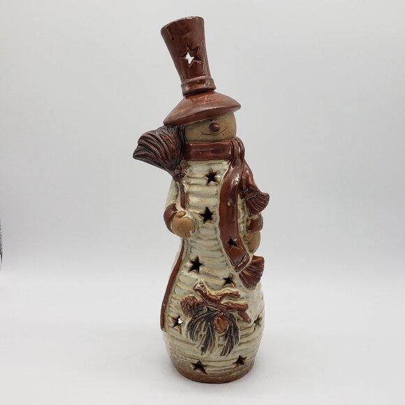 Stoneware Glazed 12" Brown Beige Country Snowman Star Cut Outs Tealight Holder - Picture 11 of 12